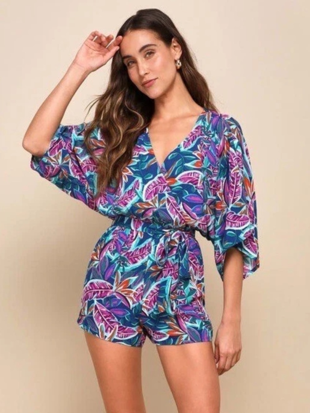 Lulu's Tropical Leaf Print Romper in Blue & Purple